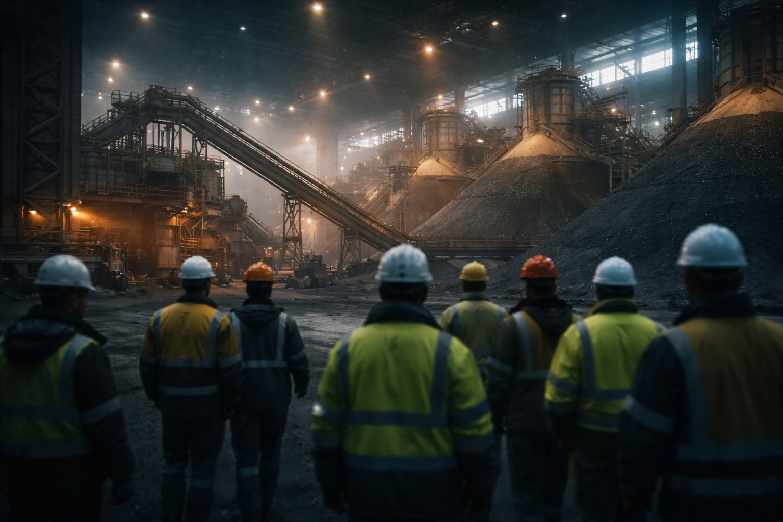 Wide dusk view inside a raw-materials processing hall: anonymous workers in hard hats and hi‑vis jackets seen from behind or blurred stand near conveyors and silos, with an empty floor area occupying the lower third.