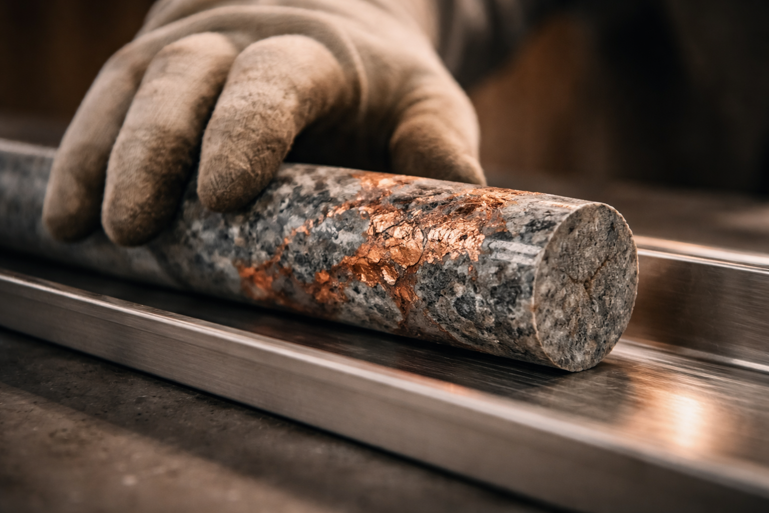 Motion-detail close-up of an anonymous gloved hand sliding a copper-toned drill core across a metal tray under warm rim light, with soft motion blur and a quiet lower third.